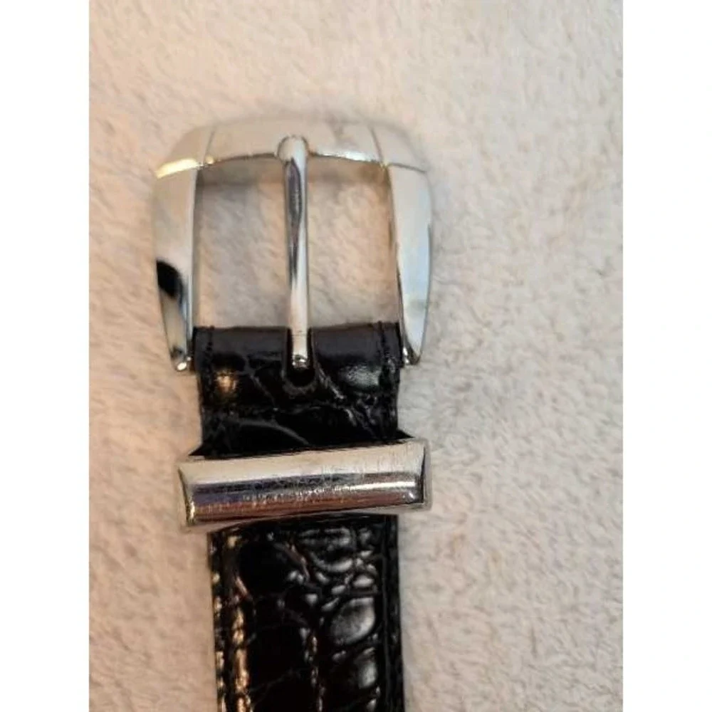 Italian Genuine Leather Embossed Crocodile Belt Men's 34 Black Silver Buckle